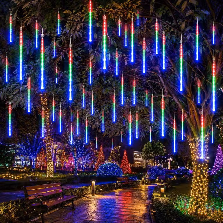 Pioggia di meteoriti, catena luminosa con 8 luci, effetto neve, luci natalizie, decorazioni per Natale, Halloween, matrimonio, multicolore, 50 cm, 288 LED
