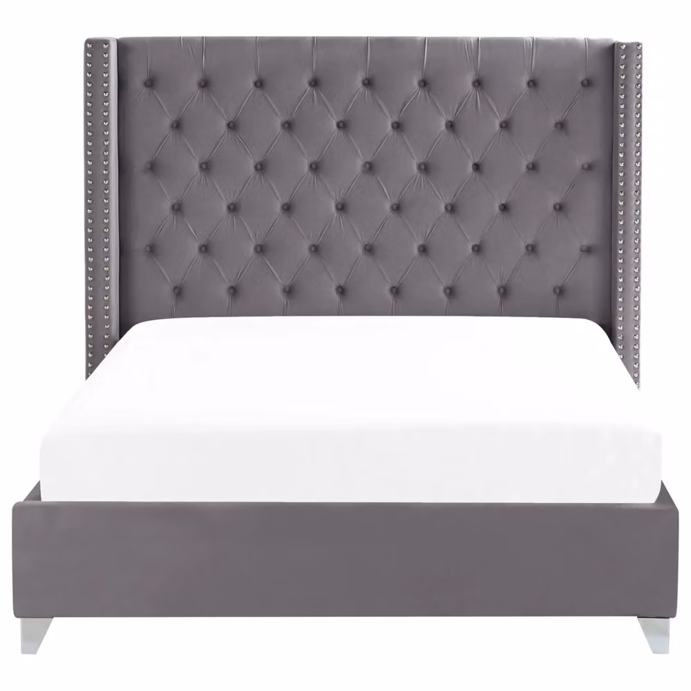Letto King Size Beliani in Velluto Grigio Imbottito e Trapuntato con Design Glamour L/P: 160 x 200 cm – 2