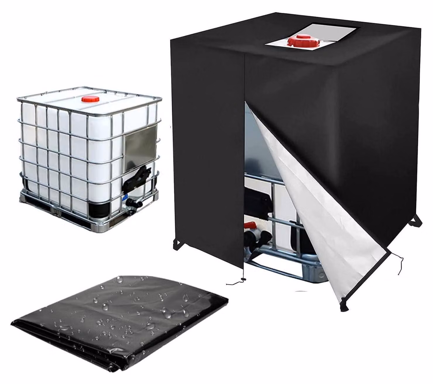 Copertura per serbatoio IBC da 1000 litri, realizzata in tessuto Oxford 210D, colore nero, con protezione UV