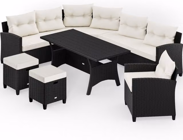 Set da giardino Dinette Casaria® in polyrattan per 9 persone, colore Nero/Crema