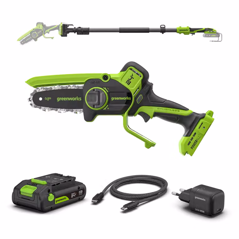 Greenworks POWERALL 24V Mini Motosega 10cm Gen. II con asta di prolunga - Batteria 2Ah