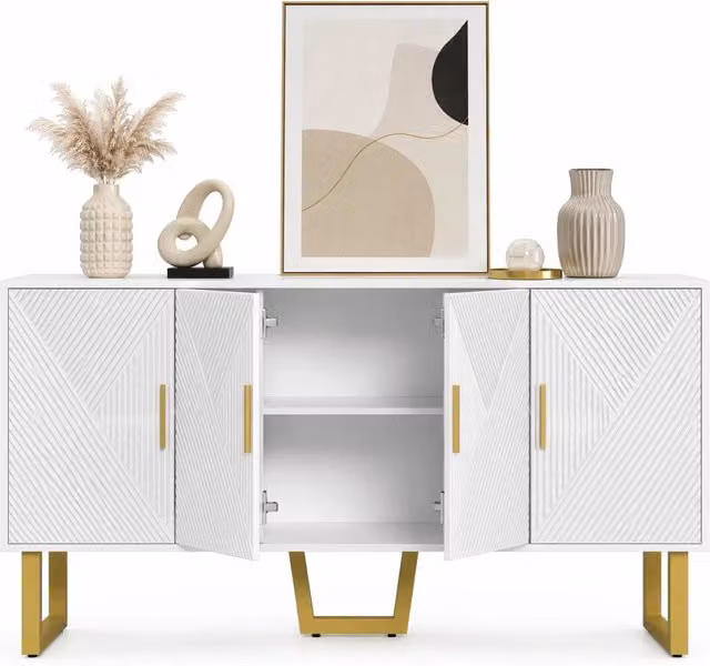 Credenza moderna in MDF bianca e oro per soggiorno con 4 ante, ripiani regolabili e cerniere ammortizzate, L 150 x P 40 x H 82 cm