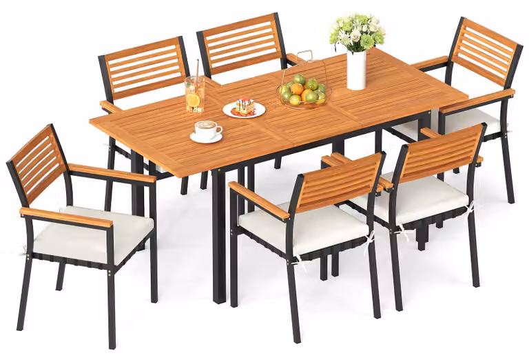 Set di mobili da giardino COSTWAY, tavolo da giardino estendibile 130/170x80 cm con foro per ombrellone, 6 sedie da giardino impilabili con cuscini, set da giardino per 6 persone