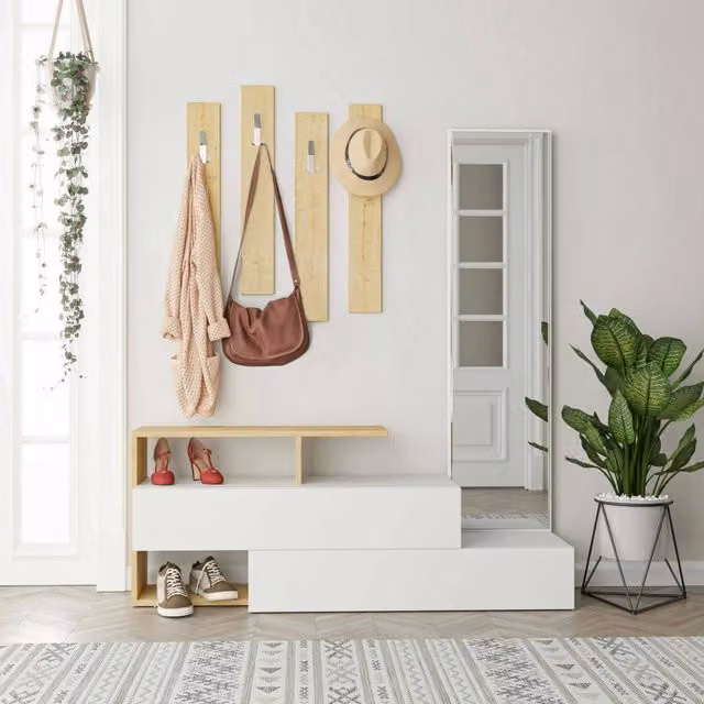 Mobile da ingresso Ascari, Entratina appendiabiti, Composizione per atrio, Consolle portaoggetti multifunzione, 137x35h55 cm, Bianco e Rovere