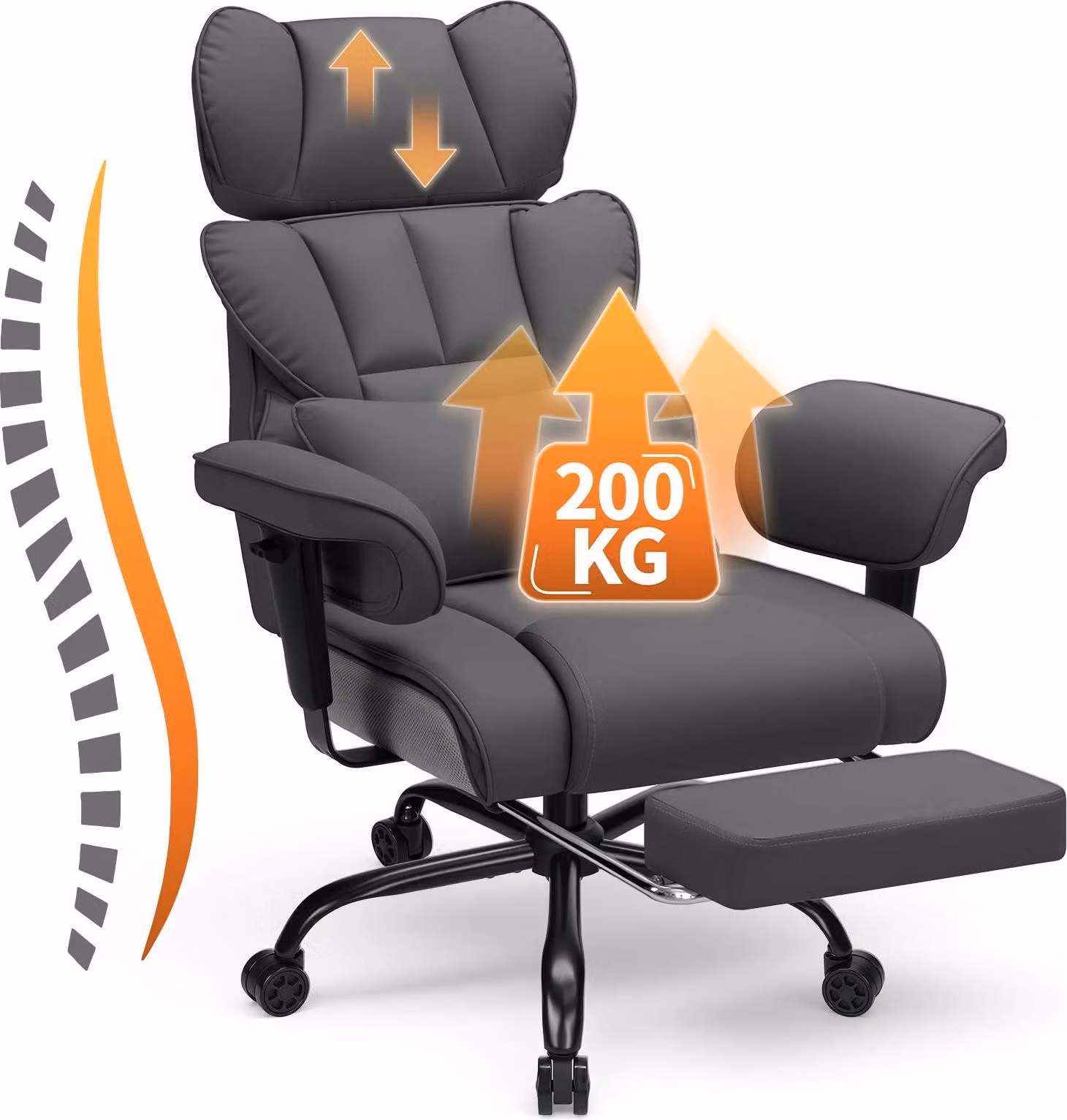 Sedia da ufficio ergonomica, portata 200 kg - Sedia da direttore - Schienale alto - Supporto lombare regolabile - Braccioli e poggiapiedi - Rivestimento in pelle - Grigia