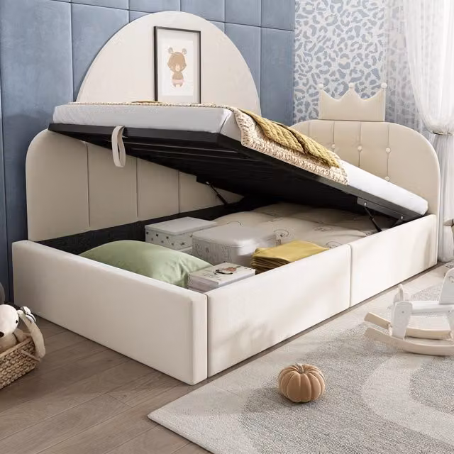 Letto daybed singolo con contenitore idraulico e schienale in velluto beige, L/P/H: 190 x 90 x 36 cm