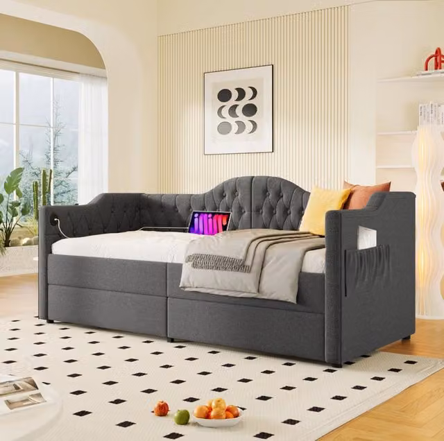 Letto da giorno imbottito grigio con cassetti e ricarica USB Type-C L/P/H: 190 x 90 x 42.7 cm