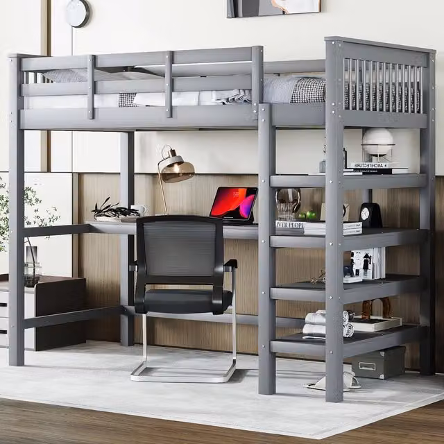 Letto a soppalco ¨C Minimal ¨C grigio 90x200 cm con cassetti e scrivania sottostante senza materasso