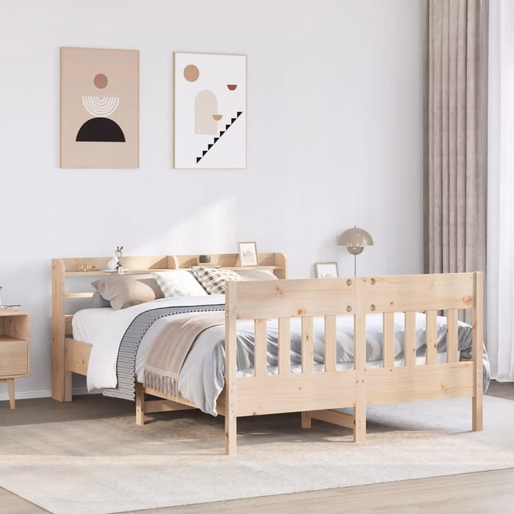 Letto in legno massello di pino vidaXL marrone con ripiani laterali 150 x 200 cm – 1