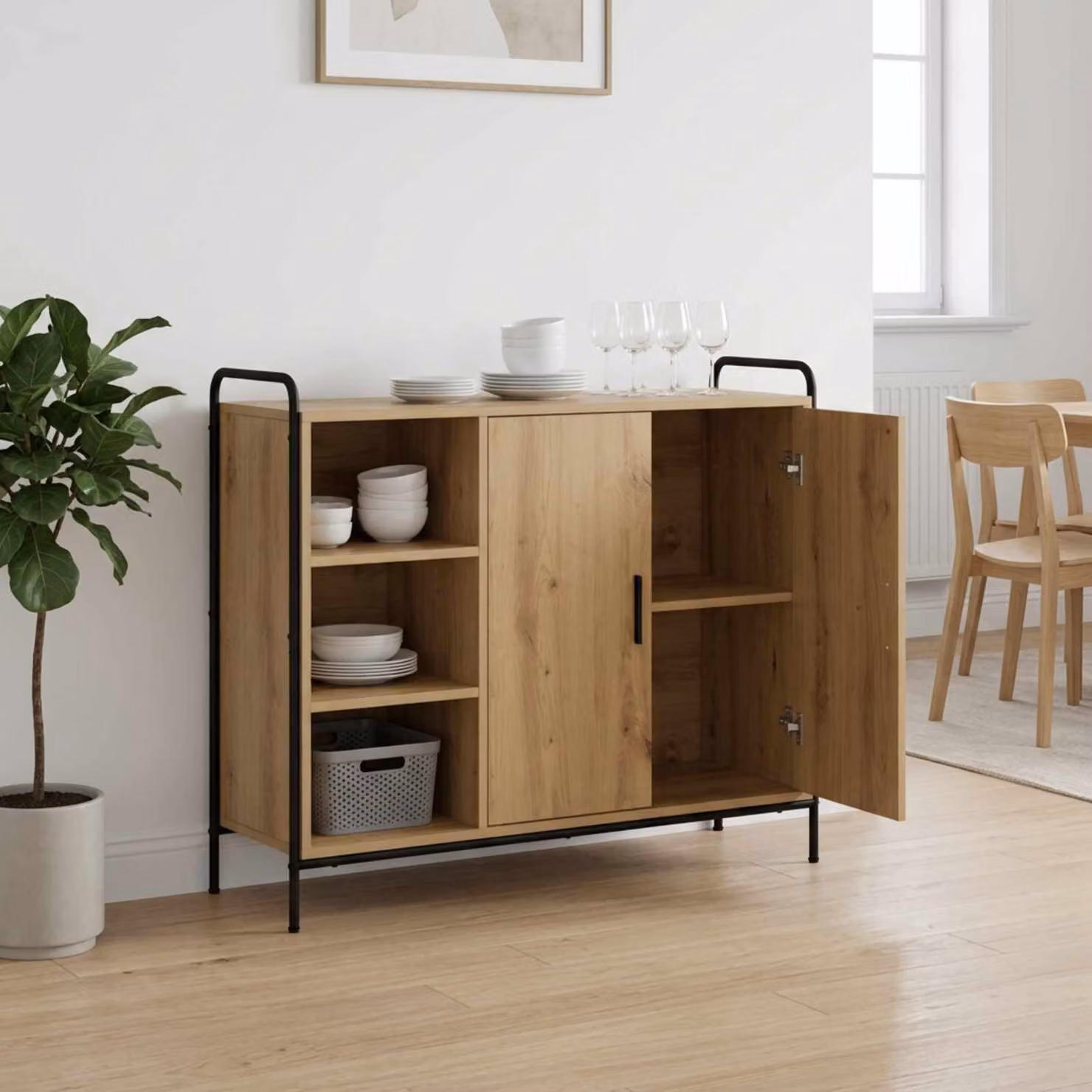 Credenza moderna vidaXL in rovere e metallo, colore marrone, L: 98,5 cm, P: 33 cm, H: 81 cm