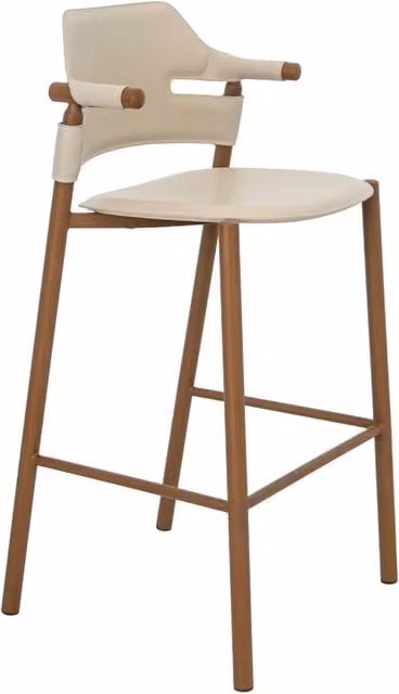 Sgabello moderno Angel Cerdà in pelle rigenerata color sabbia con struttura in metallo e legno