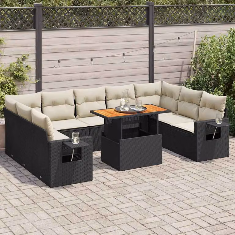 Set di divani da giardino vidaXL a forma di L con cuscini e tavolino da caffè, struttura in rattan e metallo nero e bianco per esterno