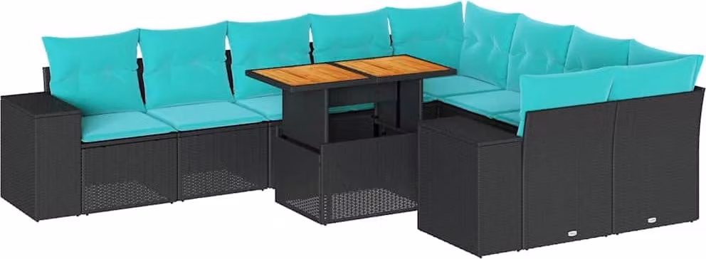 Set Divani da Giardino 10pz con Cuscini in Polyrattan Nero