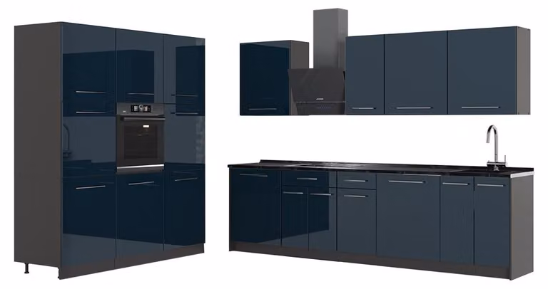Cucina componibile Vicco Fame-Line Blu scuro lucido/Antracite 460 cm senza piano di lavoro, Model 63769