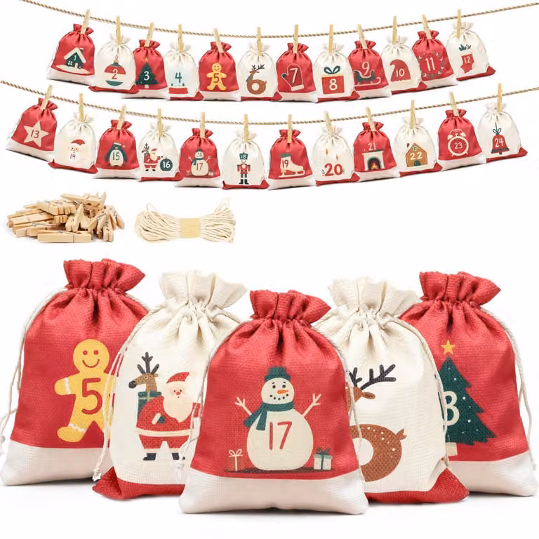 Calendario dell'Avvento da riempire, con 24 sacchetti in lino, colore rosso/beige, dimensioni 18x13 cm, completo di accessori