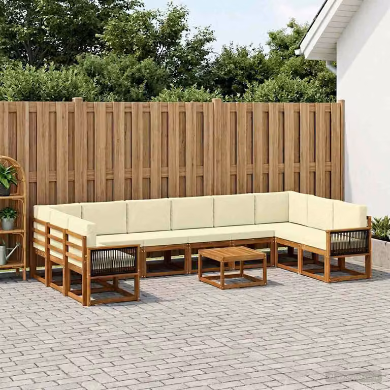 vidaXL Set di divani da esterno a forma di U in legno di acacia con cuscini, 11 pezzi, Marrone e Beige