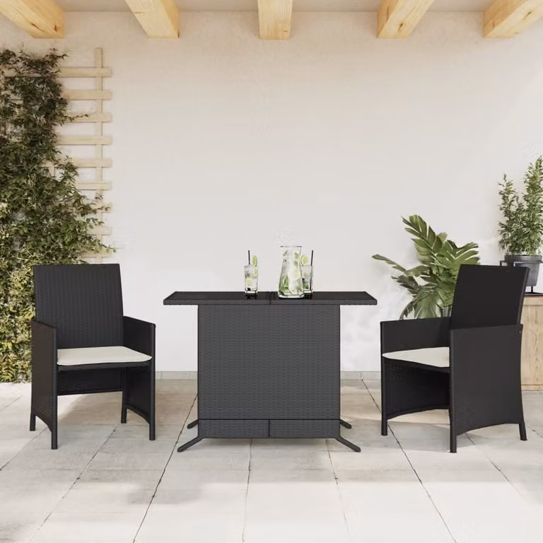 Set da Bistrò vidaXL in Polyrattan Nero con Cuscini e Tavolo in Vetro per Giardino e Balcone