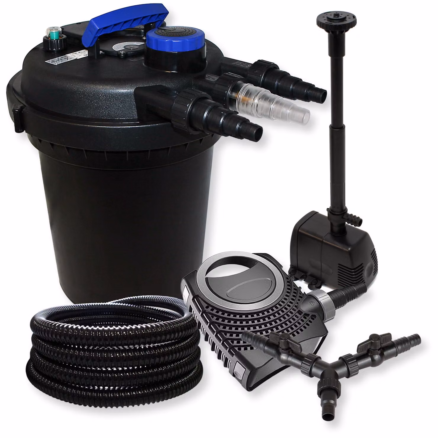Set completo SunSun: filtro a pressione per laghetti CPF-250 fino a 10000 L con chiarificatore per laghetti da 11W, pompa per laghetti CTF-8000 da 8000l/h 70W, tubo da 25m per laghetti da 25 mm (1"), pompa per fontane HJ-943 ECO da 800l/h 16W, distributor