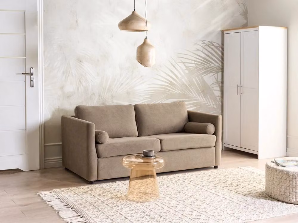 Divano letto Beliani a 2 posti in tessuto beige e marrone con struttura in metallo pieghevole e materasso in schiuma L/P/H: 177 x 81 x 74 cm – 2