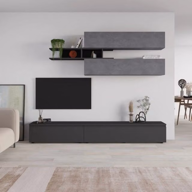 Parete attrezzata Venus colore antracite e cemento H 206.10x40x250 cm.