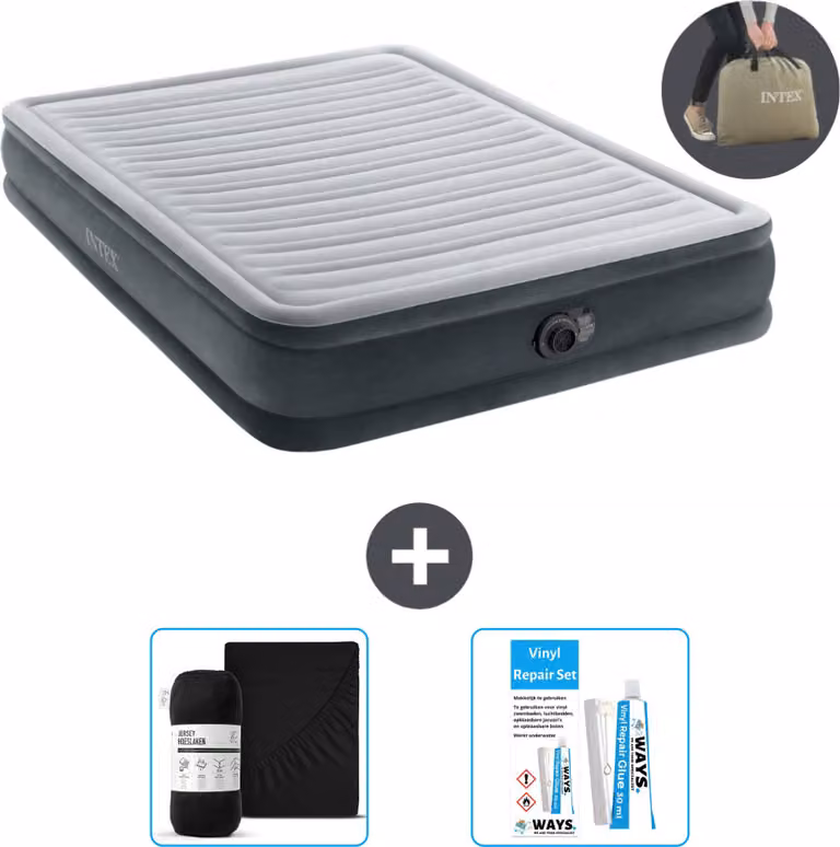 Intex Airbed - 2 persone - 152 x 203 x 33 cm - Grigio - Incluso pompa - lenzuolo e kit di riparazione