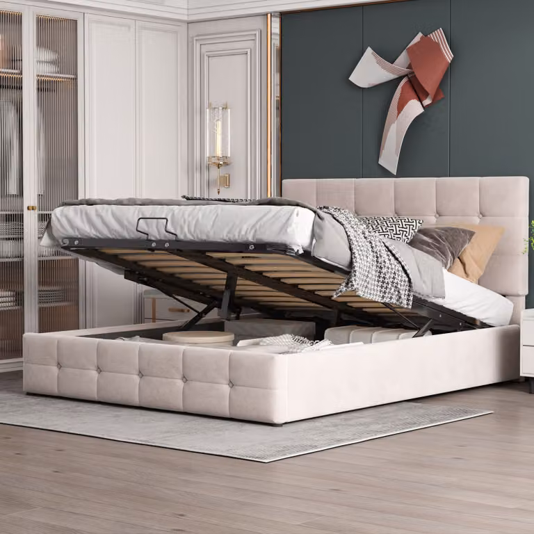 Letto imbottito Flieks 140x200cm con vano contenitore e rete a doghe, box spring idraulico letto matrimoniale letto contenitore letto per ragazzi in velluto, bianco
