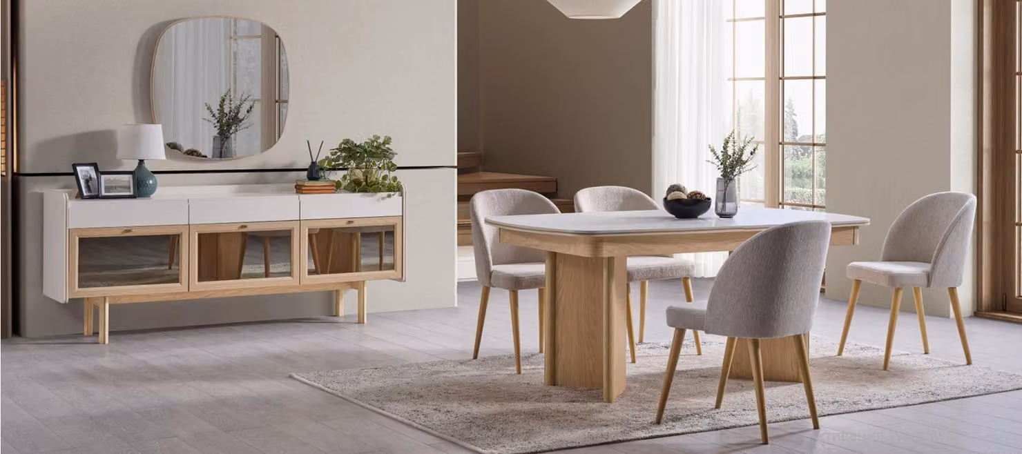 Set moderno per sala da pranzo, composto da tavolo, 4 sedie, credenza e specchio