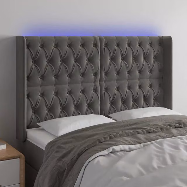 Testiera per letto con LED e porta USB vidaXL in velluto grigio, L: 163 cm, P: 16 cm, H: 118/128 cm