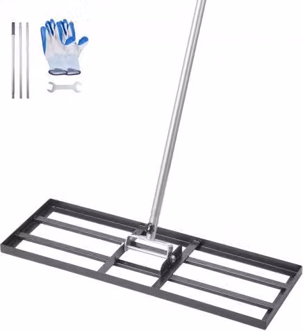 Rastrello Livellatore per Prato VEVOR in Acciaio al Carbonio con Manico da 213 cm e Piastra di Base da 76,2 x 25,4 cm, Grigio e Nero