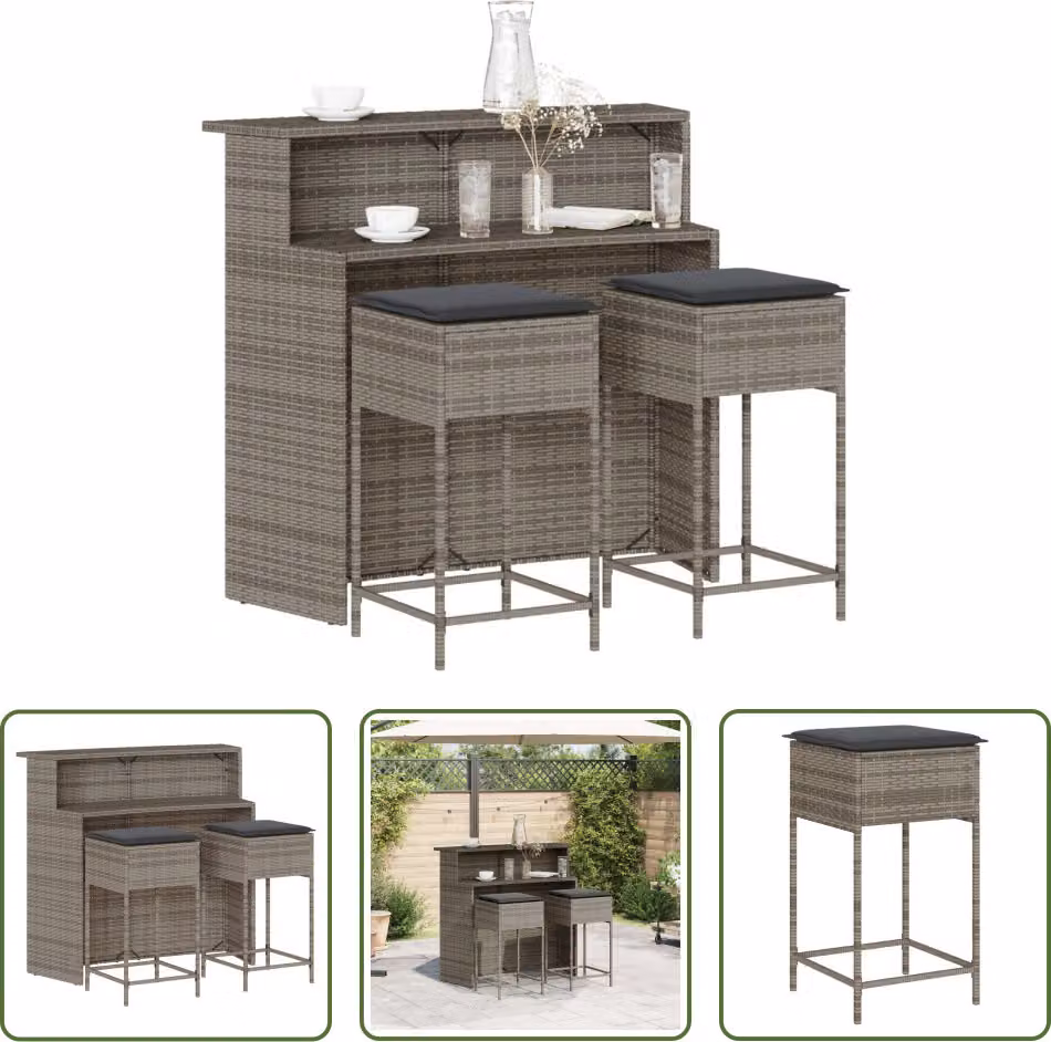 The Living Store Set bar da giardino 3 pezzi con cuscini in poly rattan grigio