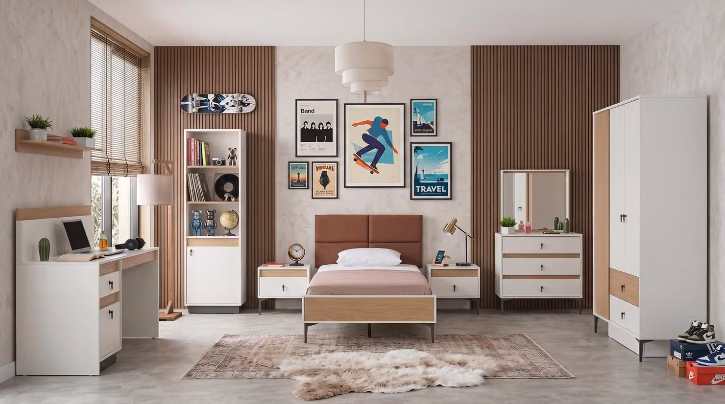 Camera da letto per adolescenti, in bianco: letto, armadio, cassettiera, comodini, scrivania