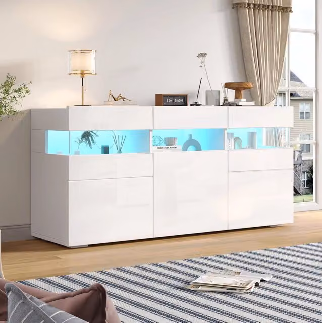 Credenza ULEVR 140x40,5x66,5 cm con 3 ante, 7 vani, LED controllabile da app e frontali bianchi lucidi