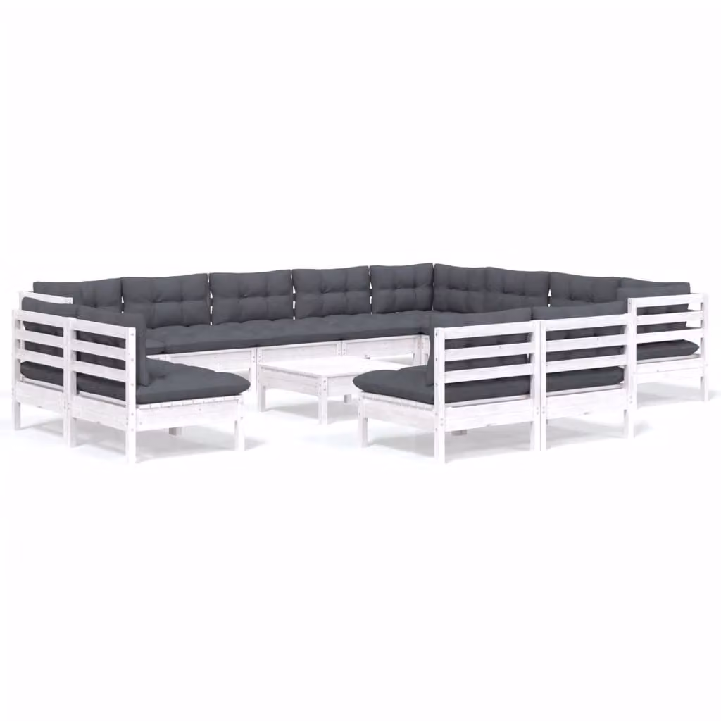Set Divani da Giardino 13 pz con Cuscini Bianchi Legno di Pino
