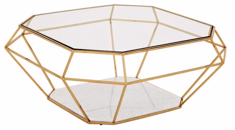 Tavolino da caffè in stile Art Déco "Casa Padrino", lussuoso - Tavolino quadrato in vetro con struttura in acciaio inossidabile dorato e piano in marmo - 100 x 100 x 41 cm