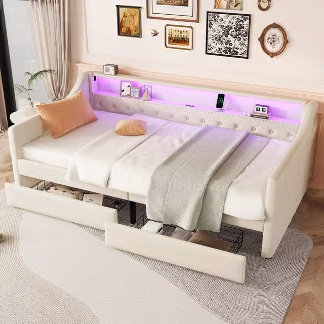 Letto divano singolo 90 × 200 cm con 2 cassetti, LED regolabile e presa USB, senza materasso, in lino beige