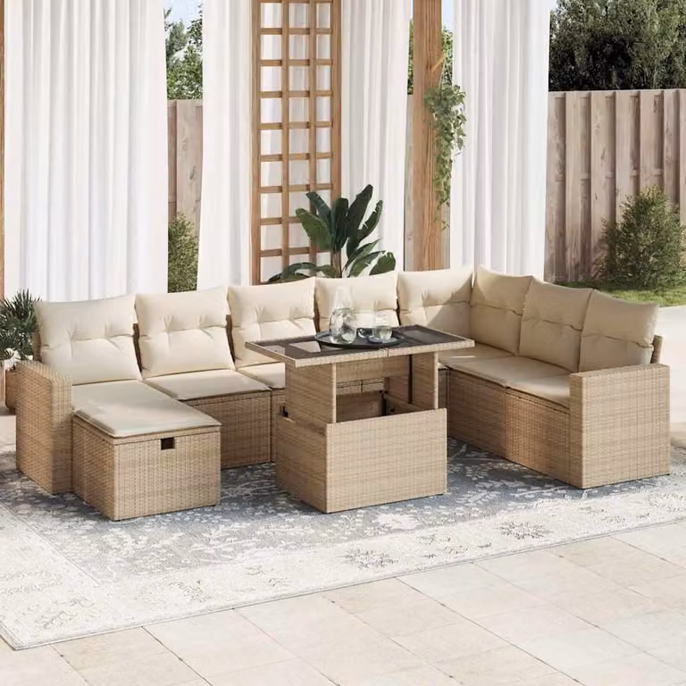 Set Divano da Giardino vidaXL 9 pz in Polyrattan Beige con Cuscini e Tavolino da Esterno