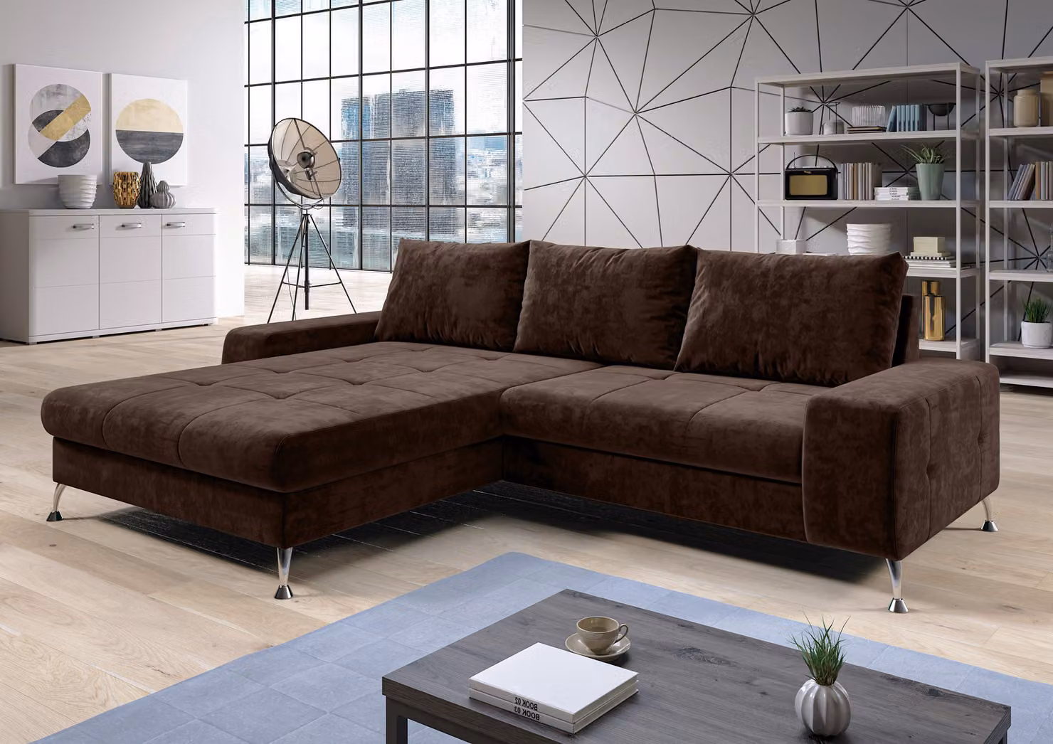 AX LIVING divano letto angolare con rete Artemia 275 cm in velluto marrone L