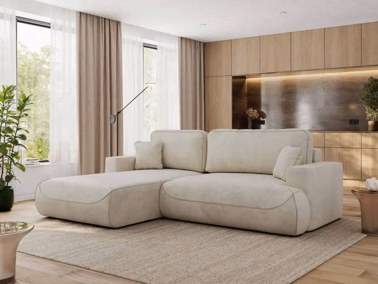 MKS MEBLE divano angolare OVO con funzione letto e box letto, velluto beige, divano a L, divano angolare a 4 posti, 271x195x95 cm - lato sinistro