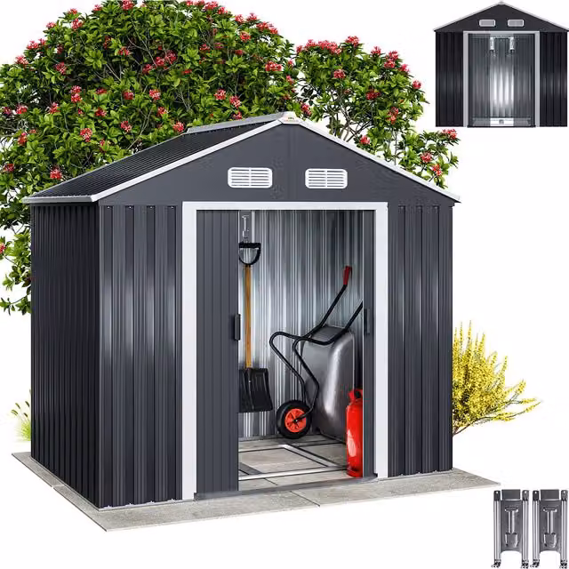 Casetta da giardino Gardebruk in acciaio verde e antracite con tetto a capanna e ventilazione, L: 196 cm, P: 132 cm, H: 188 cm