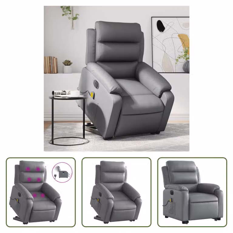 The Living Store Sedia massaggiante con supporto in piedi elettrica in ecopelle grigia
