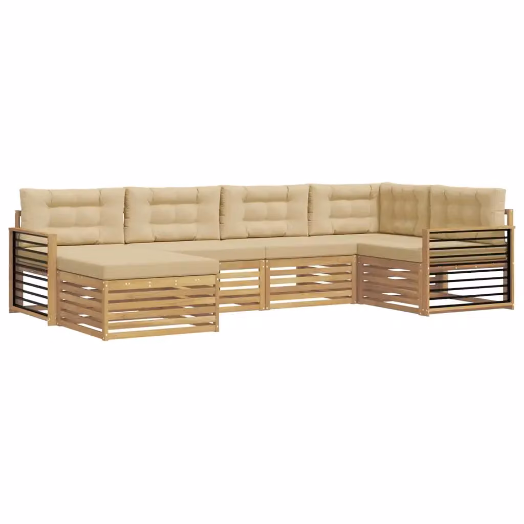 Set di divani da esterno a L vidaXL in legno di acacia con pouf e cuscini, Bianco e Beige – 2