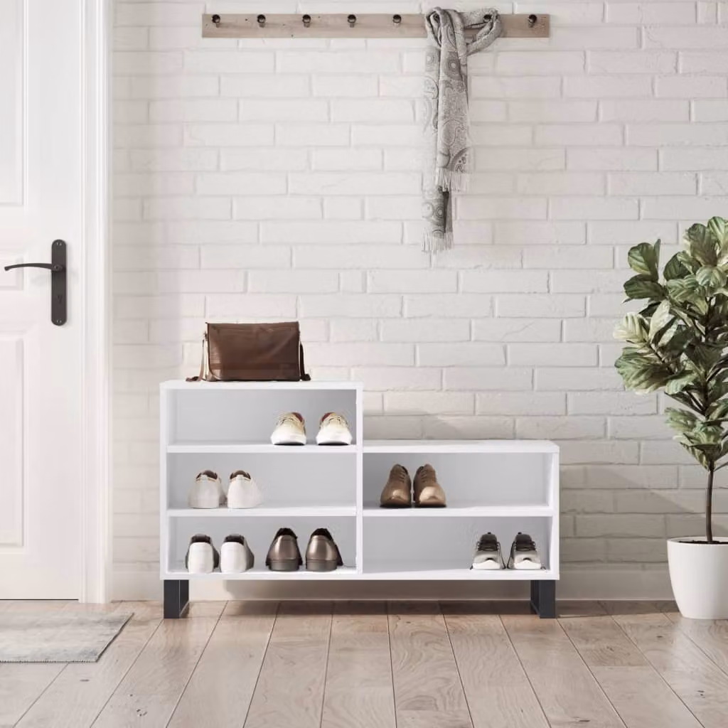 Scarpiera moderna vidaXL bianca con ripiani in legno e metallo, L 102 cm x P 36 cm x H 60 cm