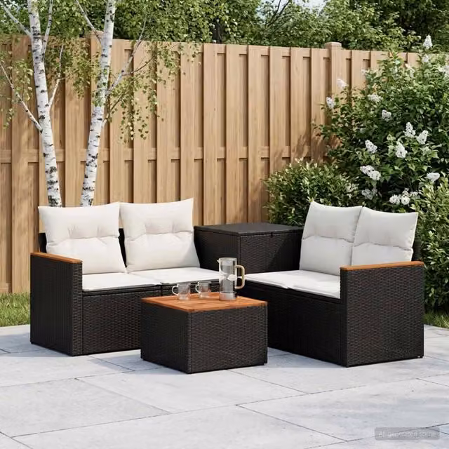 Set di mobili da giardino vidaXL in polyrattan composto da 6 pezzi con divani, elementi angolari, tavolino da caffè e cuscini, colore nero e bianco
