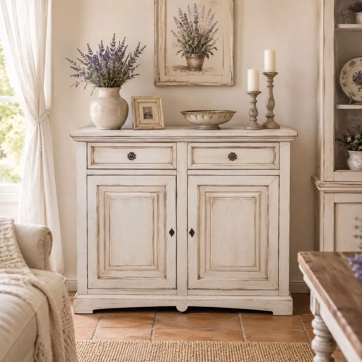 Credenza shabby chic in legno di pino bianco anticato Mobili 2G L: 117 cm, P: 46 cm, H: 96 cm – 3