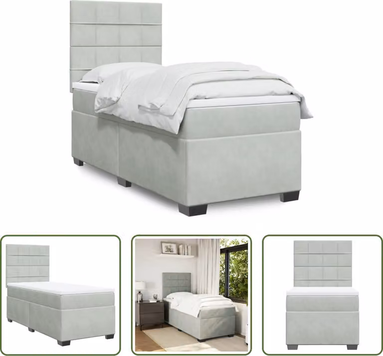 The Living Store Letto a molle con materasso grigio chiaro 90x190 cm in velluto