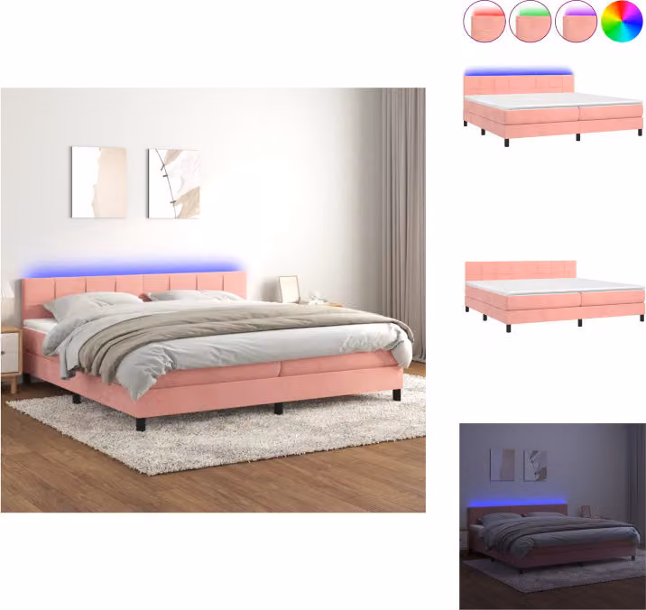 vidaXL Letto a molle con materasso e LED in velluto rosa 200x200 cm - Letti e strutture letto