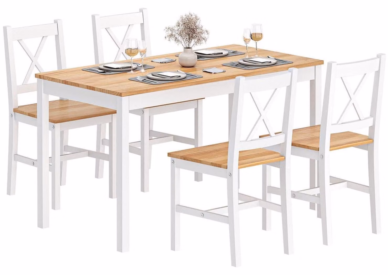 Tavolo da pranzo con 4 sedie, set completo, MDF, bianco. Dimensioni tavolo: 108x65x73 cm. Dimensioni sedie: 41,5x44,5x85 cm