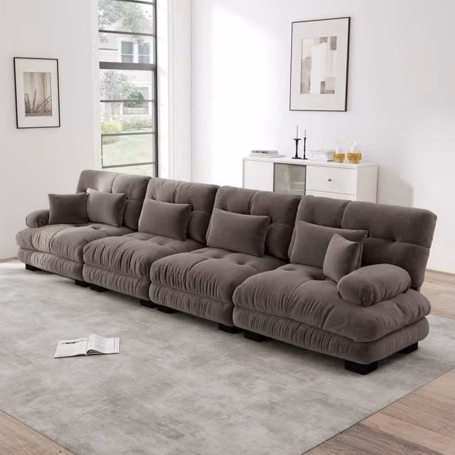 Divano Angolare Modulare 4 Posti Minimal Chenille Marrone con Funzione Divano Letto