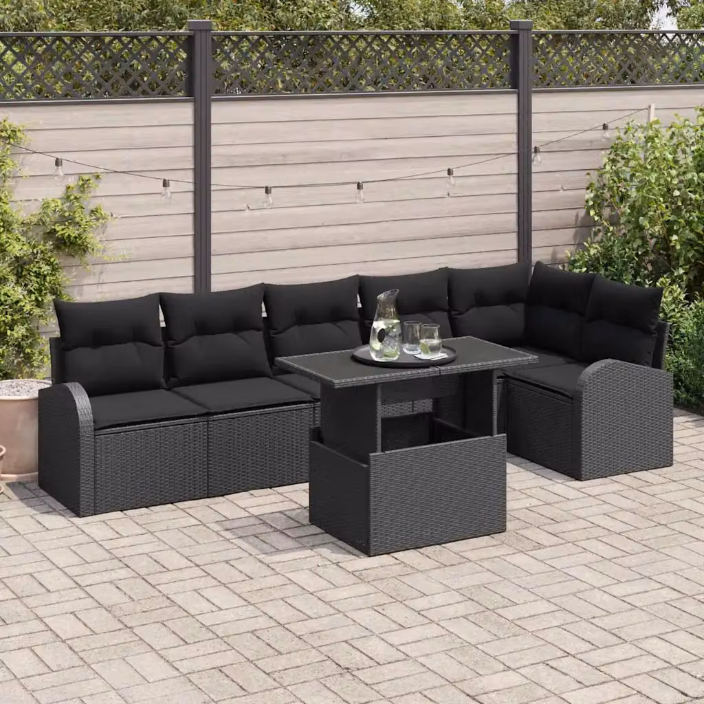 Set Divano da Giardino vidaXL a 7 posti in Polyrattan Nero con Cuscini e Tavolino da Esterno – 1