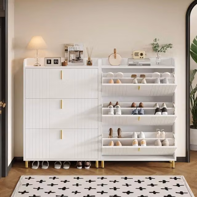 Set di 2 scarpiere a ribalta salvaspazio 80x23x123;5 cm in MDF bianco opaco